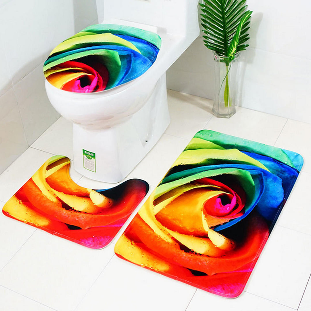 3pcs 3D Rose Bathroom Floor Mat Set Anti Slip Rug, Shower Bath Mat ,Toilet Lid Cover Image 4