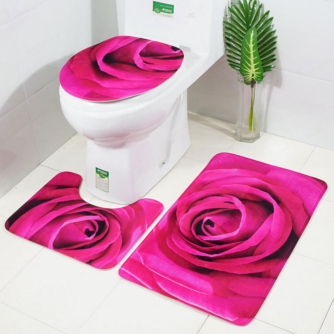 3pcs 3D Rose Bathroom Floor Mat Set Anti Slip Rug, Shower Bath Mat ,Toilet Lid Cover Image 5