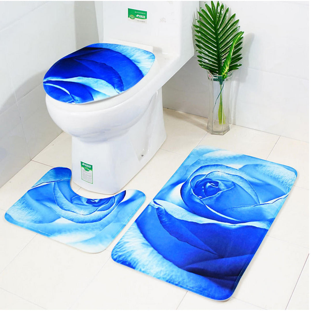 3pcs 3D Rose Bathroom Floor Mat Set Anti Slip Rug, Shower Bath Mat ,Toilet Lid Cover Image 6