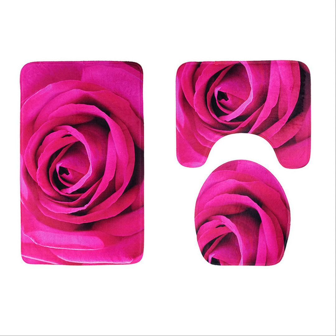 3pcs 3D Rose Bathroom Floor Mat Set Anti Slip Rug, Shower Bath Mat ,Toilet Lid Cover Image 7