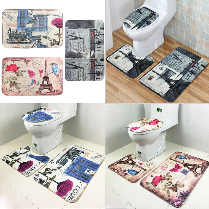 3Pcs Bathroom Eiffel Non-Slip Carpet Pedestal Rug+Lid Toilet Cover+Bath Carpet Image 3