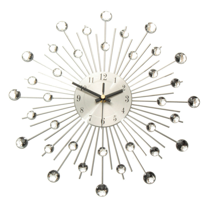 33cm Clear Diamante Crystal Effect Jeweled Sunburst Silver Metal Wire Wall Clock Image 1