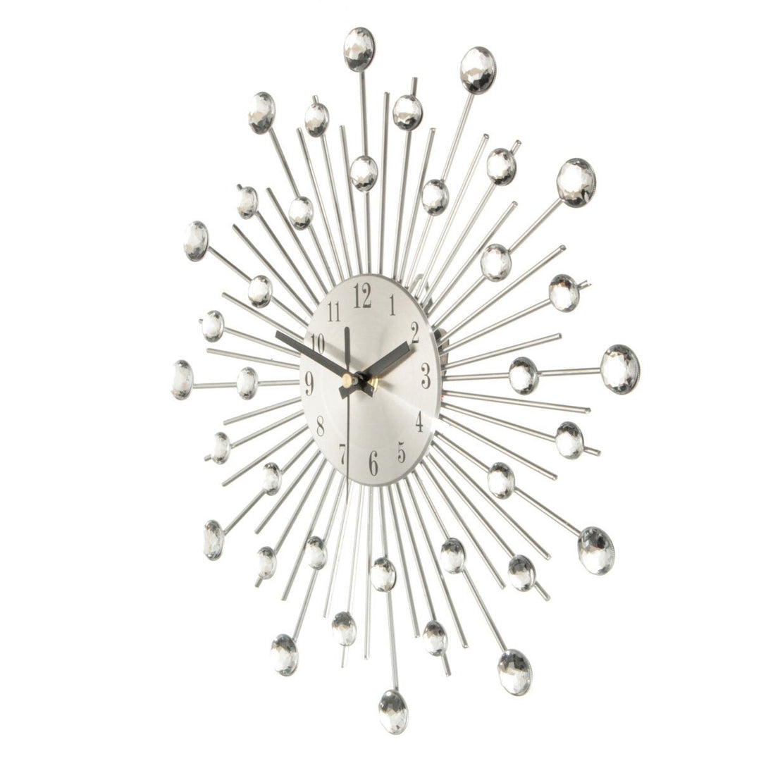 33cm Clear Diamante Crystal Effect Jeweled Sunburst Silver Metal Wire Wall Clock Image 8