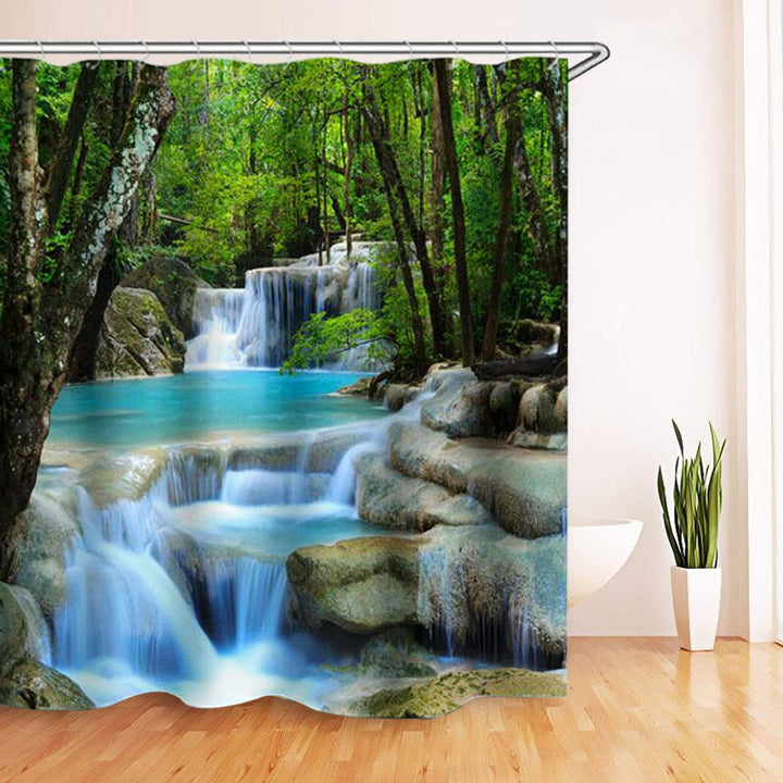 3D Waterfall Nature Scenery Bath Shower Curtain Water Resistant Bathroom Shield Image 5