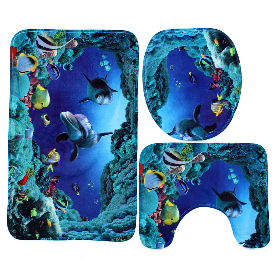 3pcs Blue Ocean Bath Rugs Set Velvet Fabric Pedestal Mat Toilet Set Cover Carpet Image 1