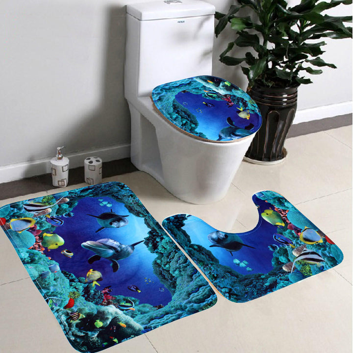 3pcs Blue Ocean Bath Rugs Set Velvet Fabric Pedestal Mat Toilet Set Cover Carpet Image 3