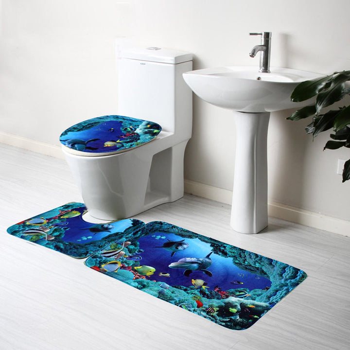 3pcs Blue Ocean Bath Rugs Set Velvet Fabric Pedestal Mat Toilet Set Cover Carpet Image 4