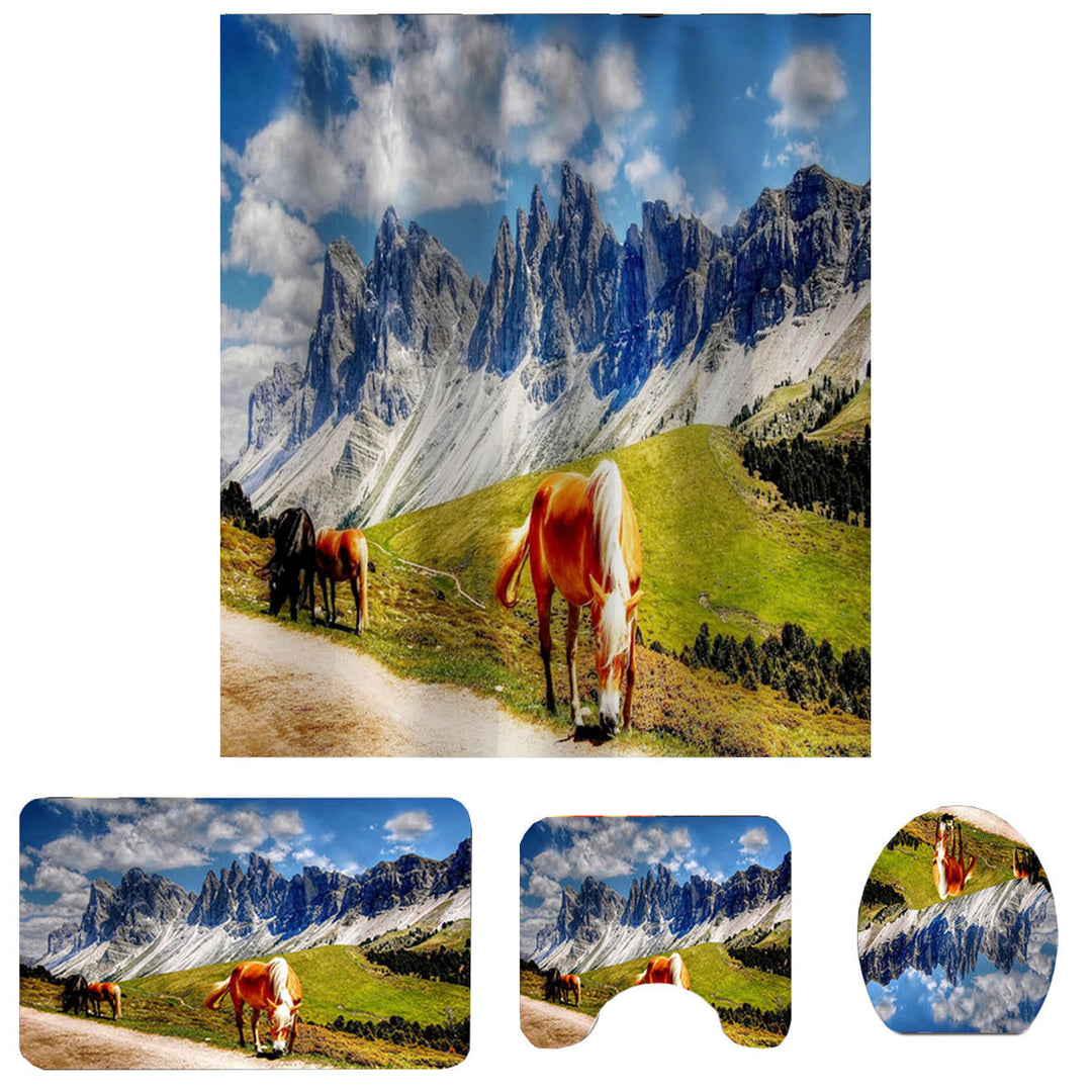 4,3,1pc Horse Bathroom Rug Shower Curtain 4pcs Skidproof Toilet Lid Cover Bath Mat Rug Set Image 1