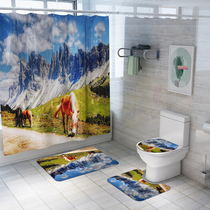 4,3,1pc Horse Bathroom Rug Shower Curtain 4pcs Skidproof Toilet Lid Cover Bath Mat Rug Set Image 2