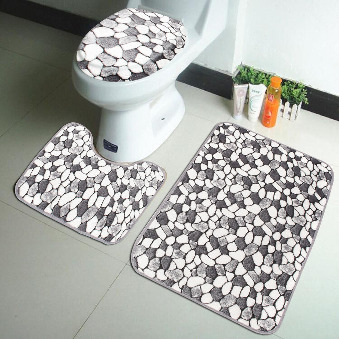 3Pcs Stone Pattern Washable Anti-Slip Soft Bathroom Pedestal Rug Toilet Lid Cover Bathroom Floor Mat Set Image 1