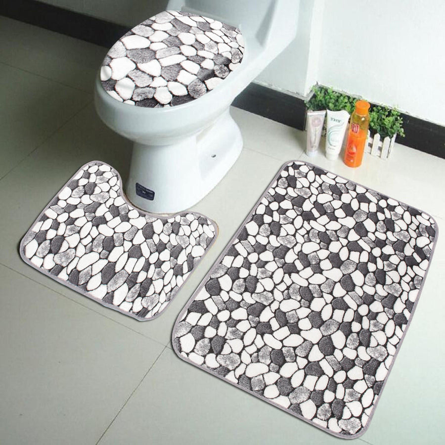 3Pcs Stone Pattern Washable Anti-Slip Soft Bathroom Pedestal Rug Toilet Lid Cover Bathroom Floor Mat Set Image 1