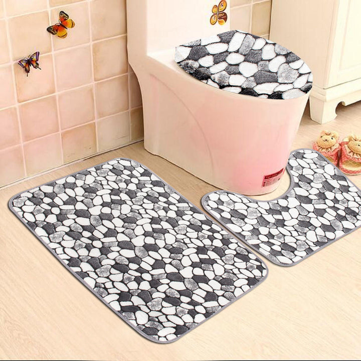 3Pcs Stone Pattern Washable Anti-Slip Soft Bathroom Pedestal Rug Toilet Lid Cover Bathroom Floor Mat Set Image 3