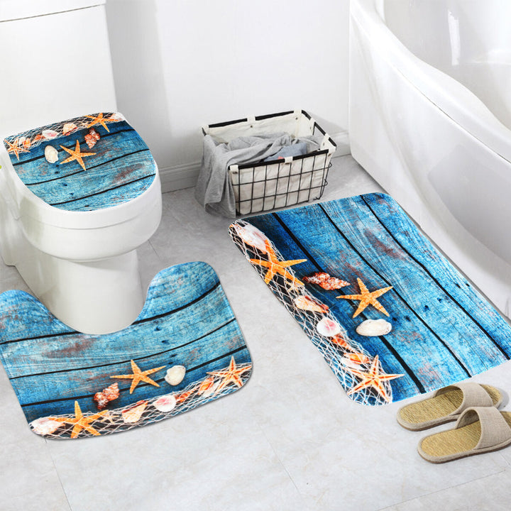 3PCS Starfish Wood No-slip Bathroom Pedestal Rug Lid Toilet Cover Bath Mat Set Image 5