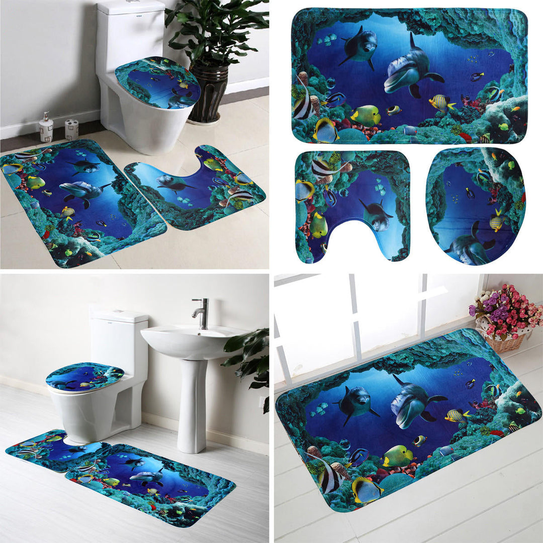 3pcs,Set Soft Flannel Blue Sea Contour Pedestal Rug Lid Toilet Cover Bath Mat Carpet Image 1