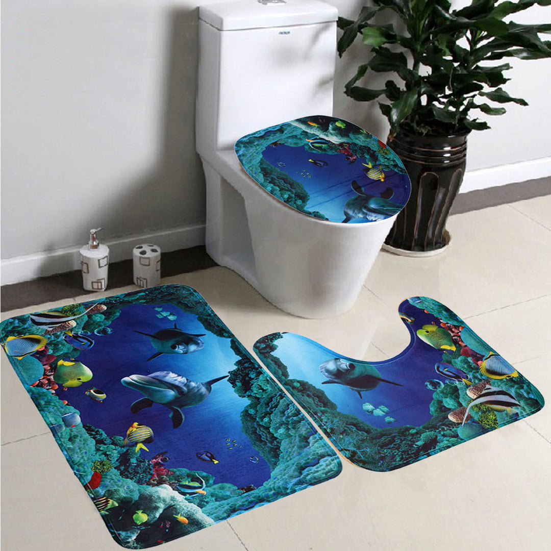 3pcs,Set Soft Flannel Blue Sea Contour Pedestal Rug Lid Toilet Cover Bath Mat Carpet Image 2