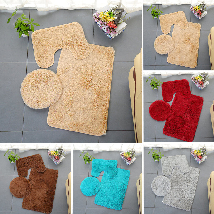 3PCS Solid Color PV Velvet Bathroom Mat Set Anti-slip Floor Rug Lid Toilet Cover Image 1