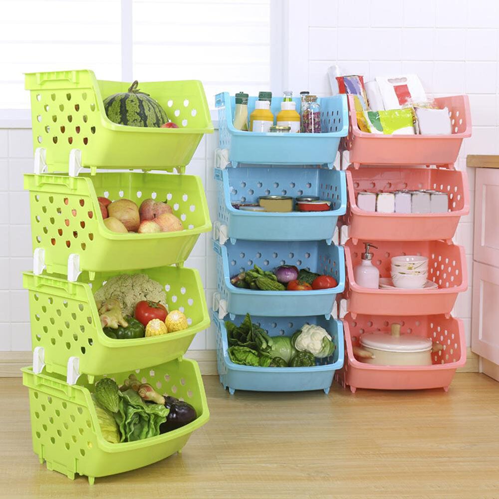 4 Tiers Plastic Stacked Storage Basket Fruit Vegetables Holders Shelf Rack Store for Kitchen Tools Image 1