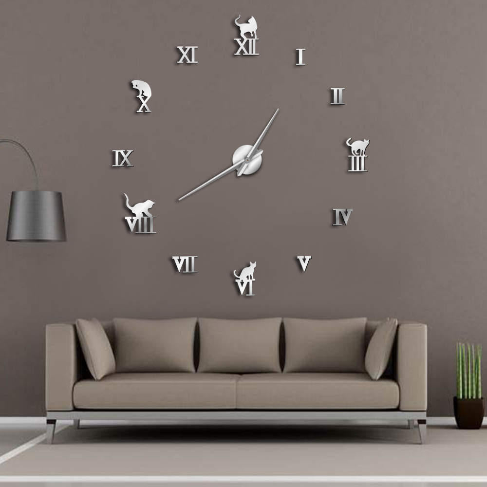 47 Inch 3D Large Wall Clock DIY Large Modern Frameless Cat Big Clock Mirror For Bedroom Living Room Kittens Kitty Wall Image 2