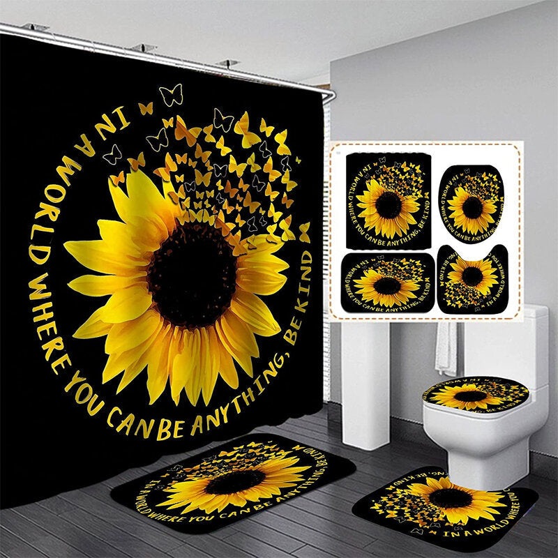 4PCS Sunflower Printing Waterproof Shwoer Curtain Set Anti-slip Dustproof Bath Toilet Seat Cover Lid Floor Mat Set Image 1