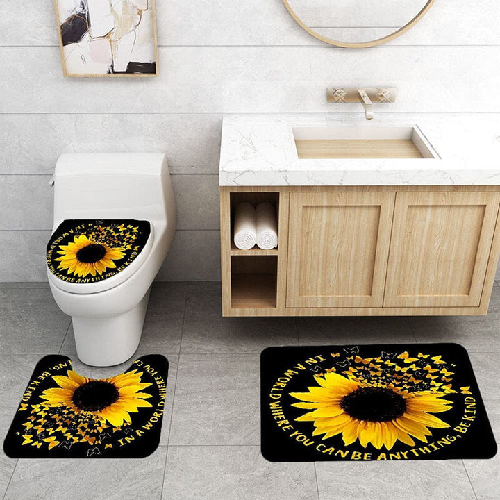 4PCS Sunflower Printing Waterproof Shwoer Curtain Set Anti-slip Dustproof Bath Toilet Seat Cover Lid Floor Mat Set Image 3