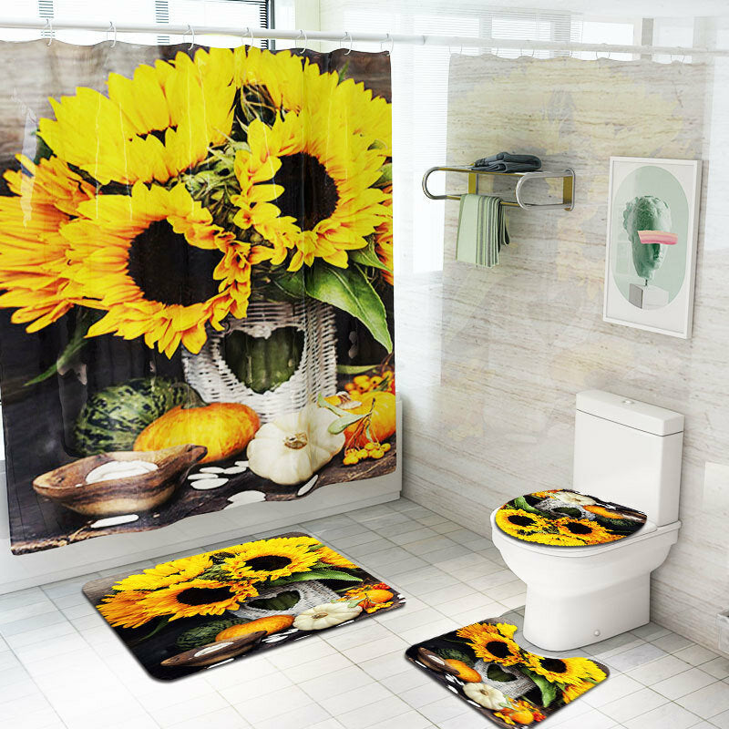 4PCS Non Slip Sunflower Pattern Toilet Polyester Cover Mat Set Waterproof Bathroom Shower Curtains Image 1