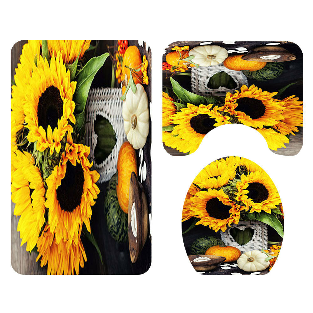 4PCS Non Slip Sunflower Pattern Toilet Polyester Cover Mat Set Waterproof Bathroom Shower Curtains Image 2