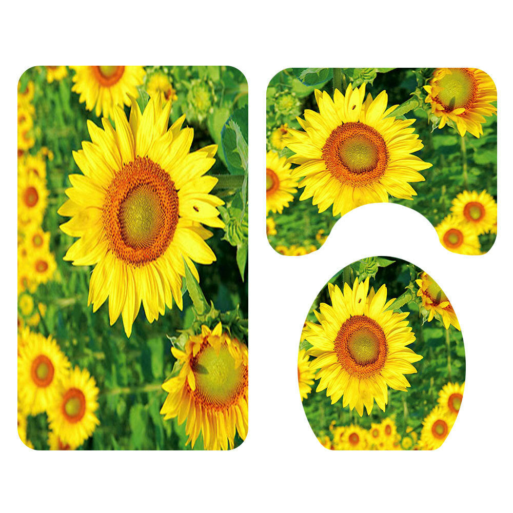 4PCS Non Slip Sunflower Pattern Toilet Polyester Cover Mat Set Waterproof Bathroom Shower Curtains Image 3