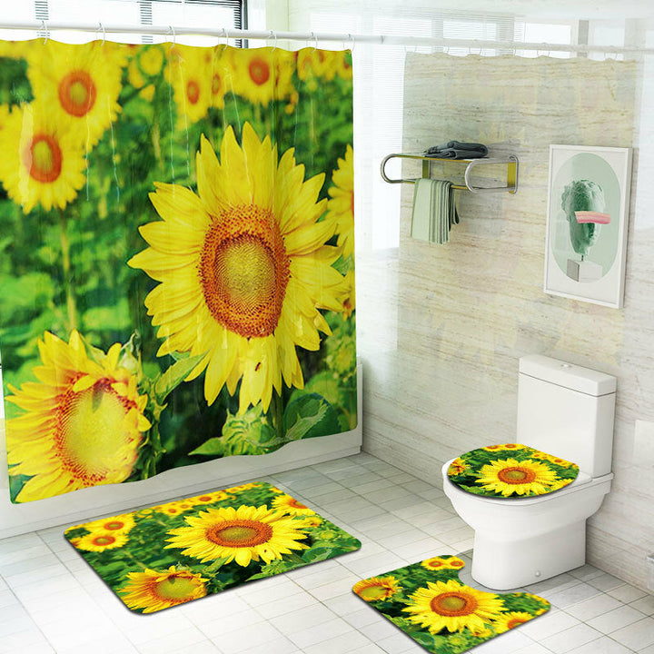 4PCS Non Slip Sunflower Pattern Toilet Polyester Cover Mat Set Waterproof Bathroom Shower Curtains Image 6