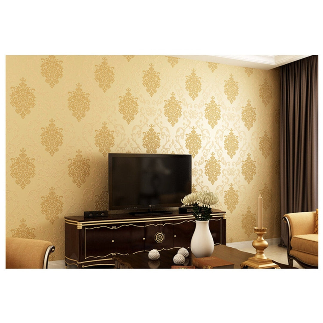 53cmx10M 3D Wallpaper Roll Non-woven European Gold Damask Embossed Textured Image 6