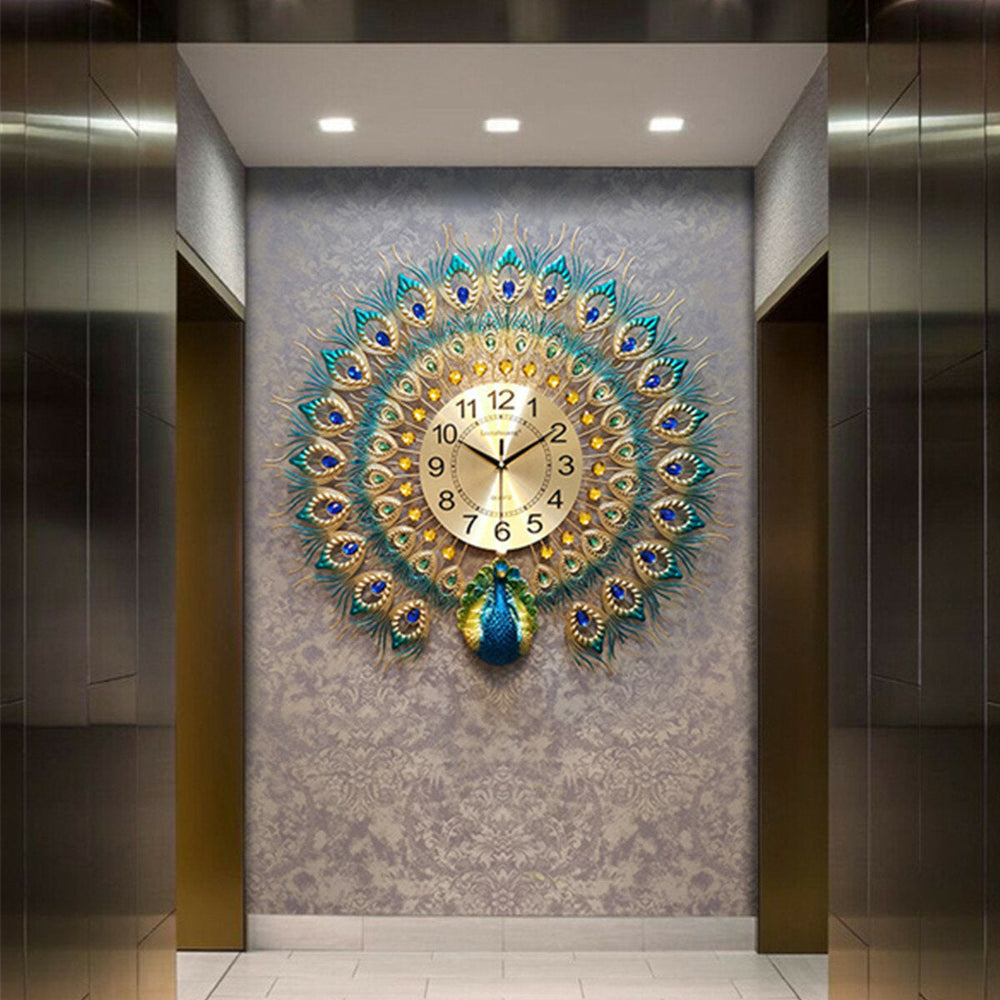 60x58cm Modern Peacock Clock Quartz Living Room Mute Wall Xmas Image 2