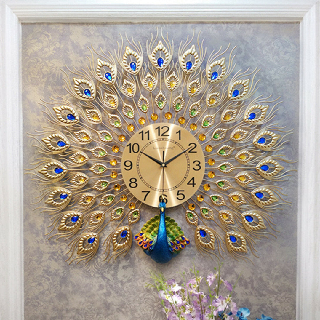 60x58cm Modern Peacock Clock Quartz Living Room Mute Wall Xmas Image 4