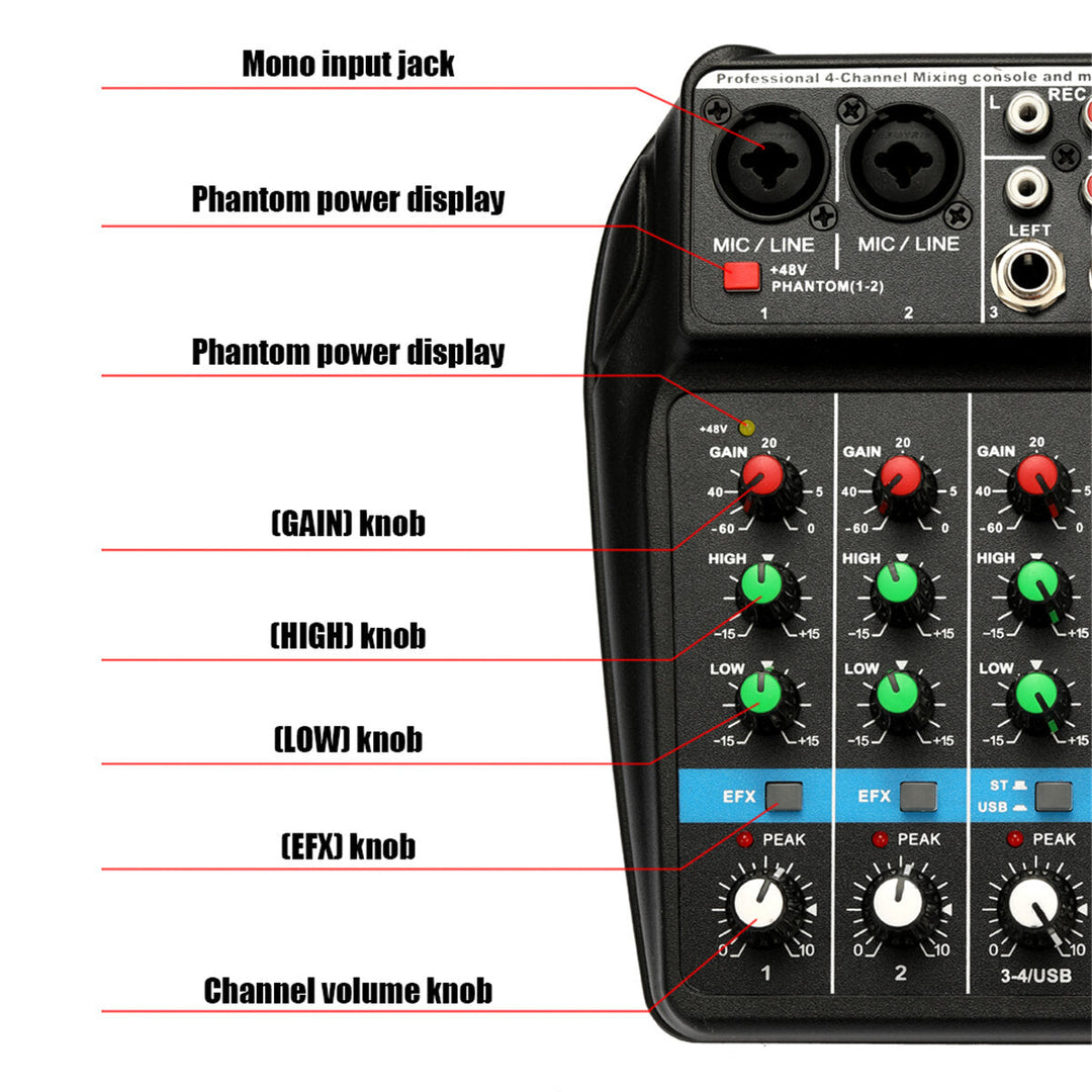 6W Portable bluetooth Sound Card 4 Channel Mixing Console Home Mini USB Mixer with UK US Plug Image 6