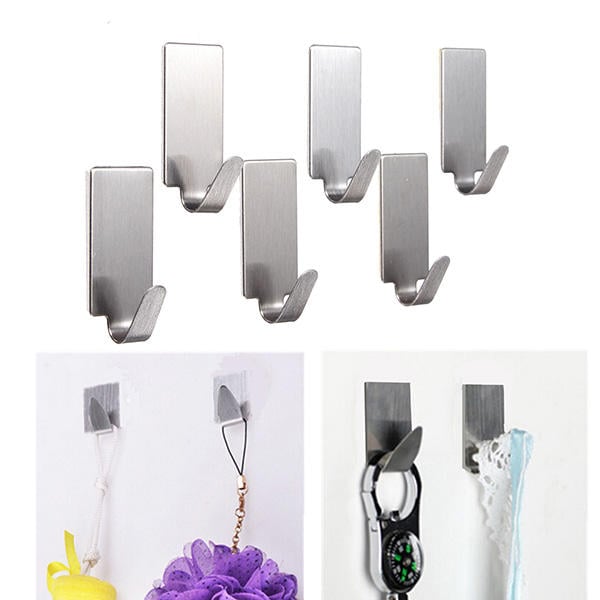 6Pcs Stainless Steel Adhesive Clothes Hanger Hook Wall Door Hook Bathroom Towel Holder Image 1