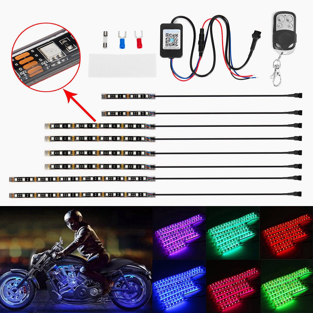 8PCS Motorcycle Bluetooth App LED Light Strip Kit Remote Control Flashing Lamp Image 9