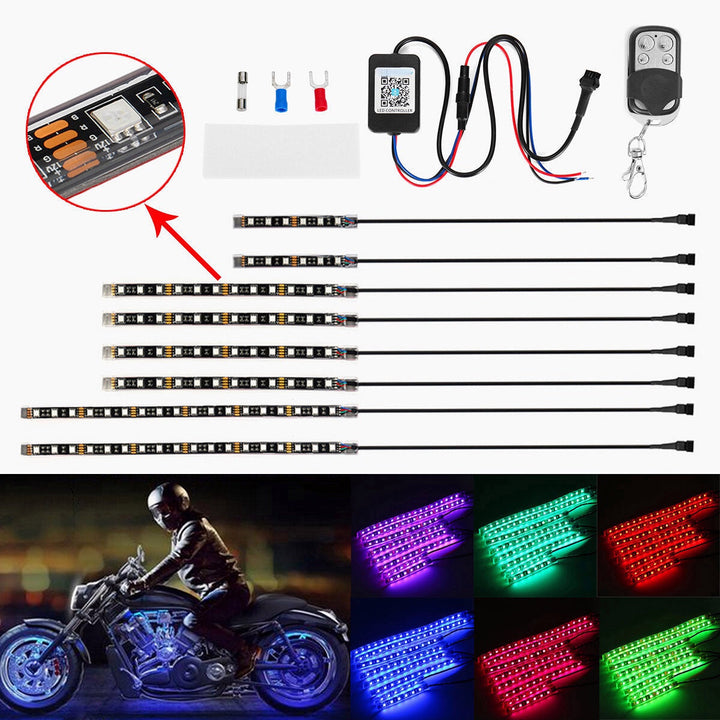 8PCS Motorcycle Bluetooth App LED Light Strip Kit Remote Control Flashing Lamp Image 9