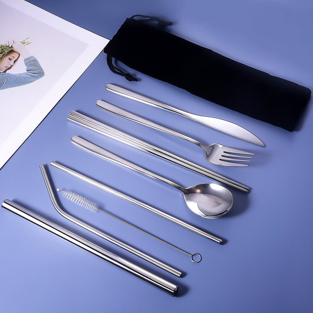 9pcs Titanium-Plated 304 Stainless Steel Cutlery Set Knife Fork Spoon Chopsticks Straw Image 1