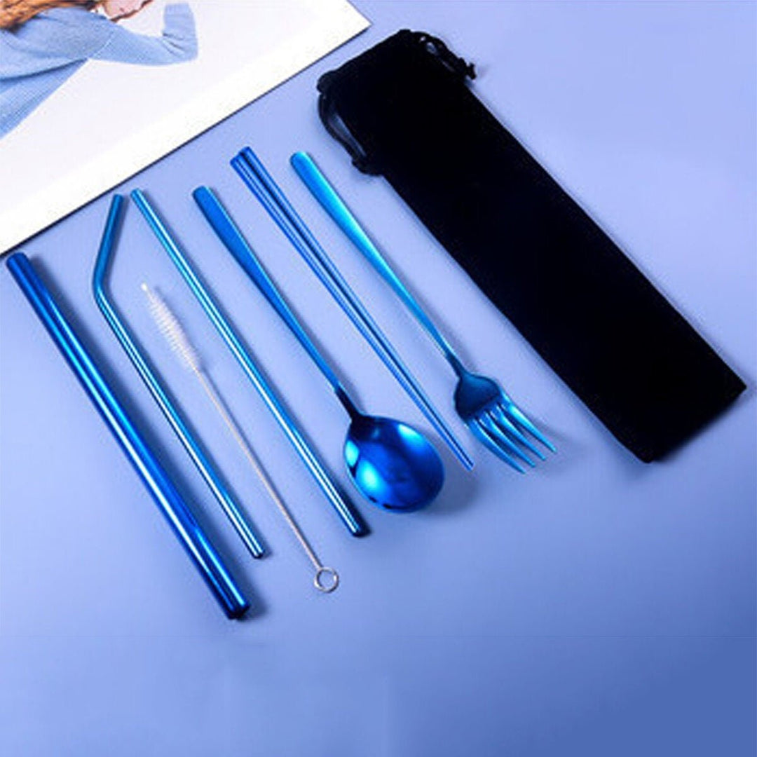 9pcs Titanium-Plated 304 Stainless Steel Cutlery Set Knife Fork Spoon Chopsticks Straw Image 1