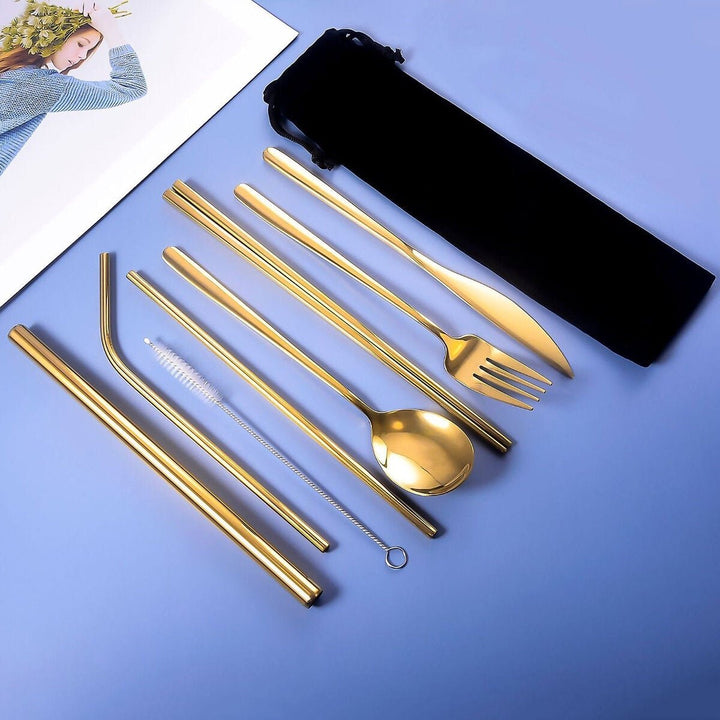 9pcs Titanium-Plated 304 Stainless Steel Cutlery Set Knife Fork Spoon Chopsticks Straw Image 1