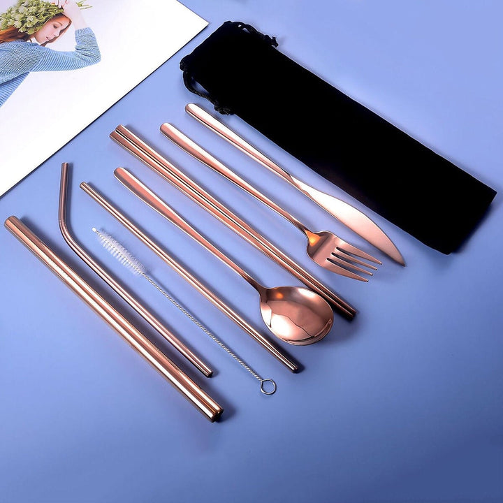 9pcs Titanium-Plated 304 Stainless Steel Cutlery Set Knife Fork Spoon Chopsticks Straw Image 5