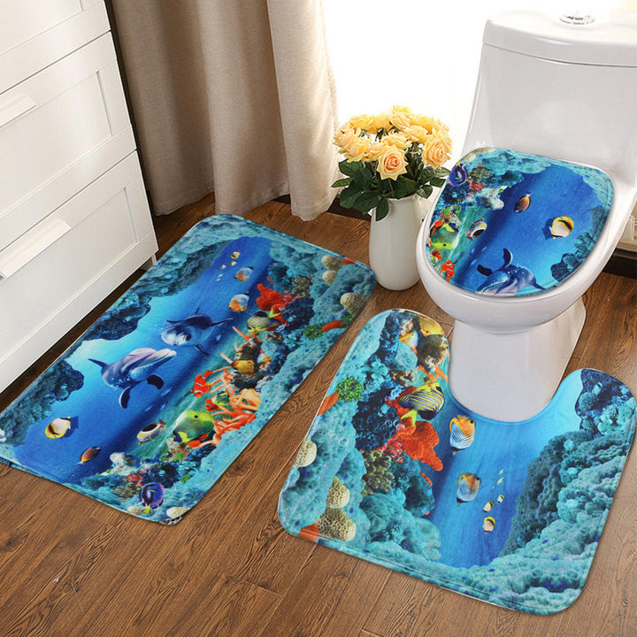 An Ocean Dolphin Bathroom Carpet Set Pedestal Rug Lid Toilet Cover Bath Mat Set Image 1