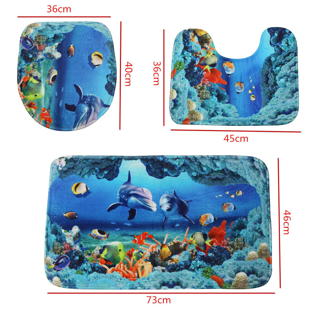 An Ocean Dolphin Bathroom Carpet Set Pedestal Rug Lid Toilet Cover Bath Mat Set Image 4