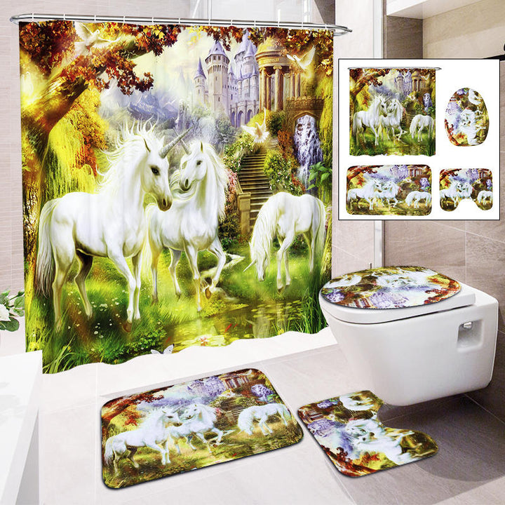 Bathroom Non-Slip Toilet Lid Seat Cover Bath Mat Pedestal Rug Shower Curtain Set Image 1