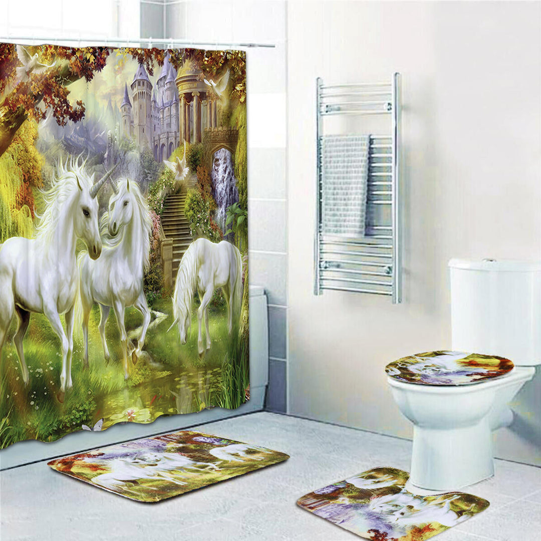 Bathroom Non-Slip Toilet Lid Seat Cover Bath Mat Pedestal Rug Shower Curtain Set Image 5