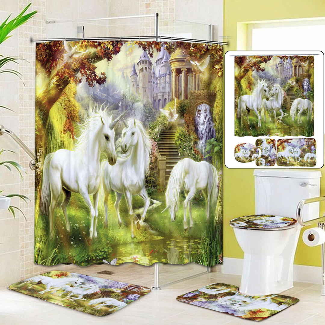 Bathroom Non-Slip Toilet Lid Seat Cover Bath Mat Pedestal Rug Shower Curtain Set Image 6