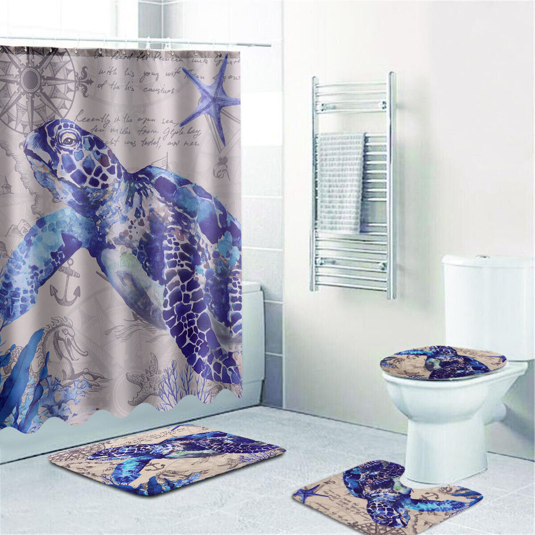 Bathroom Shower Curtain Sea Turtle Pedestal Rug Lid Toilet Cover Bath Mat Decor Image 3