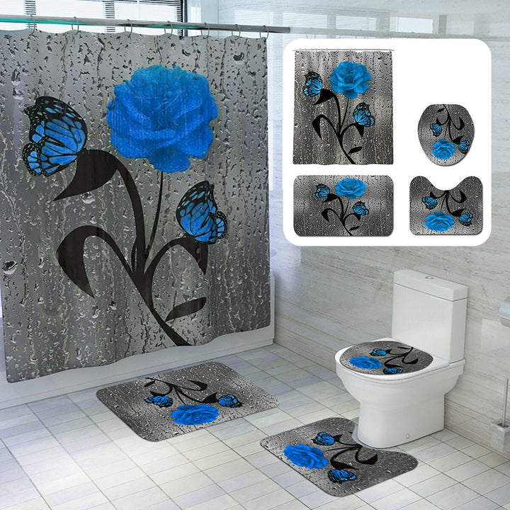 Bathroom Shower Curtain Waterproof Rings Hook Lid Toilet Cover Set 180x180CM Image 2