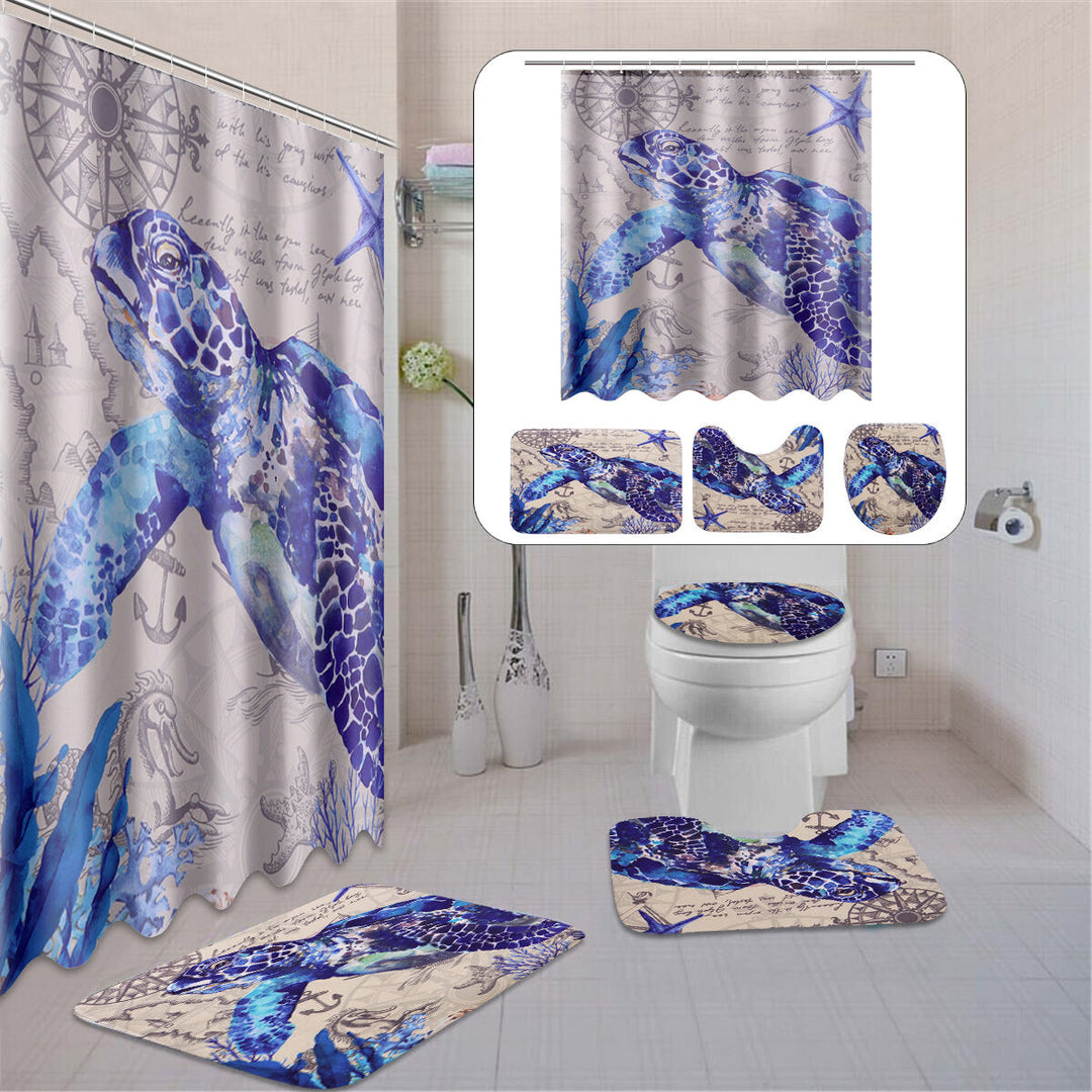 Bathroom Shower Curtain Sea Turtle Pedestal Rug Lid Toilet Cover Bath Mat Decor Image 5