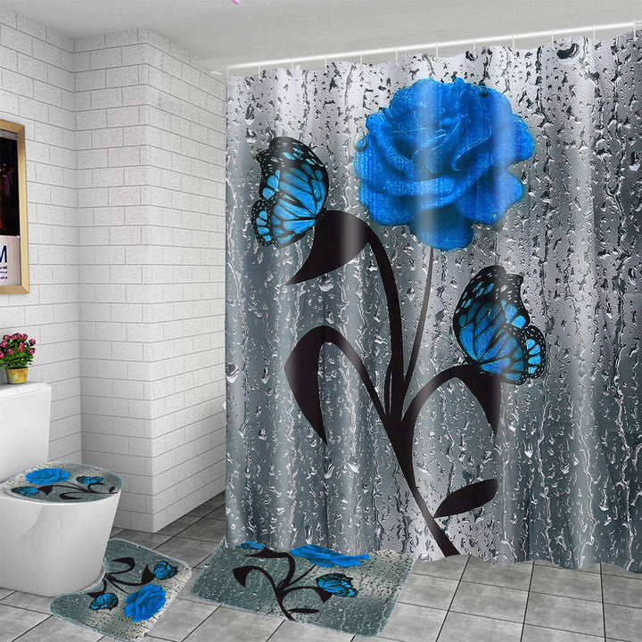 Bathroom Shower Curtain Waterproof Rings Hook Lid Toilet Cover Set 180x180CM Image 3