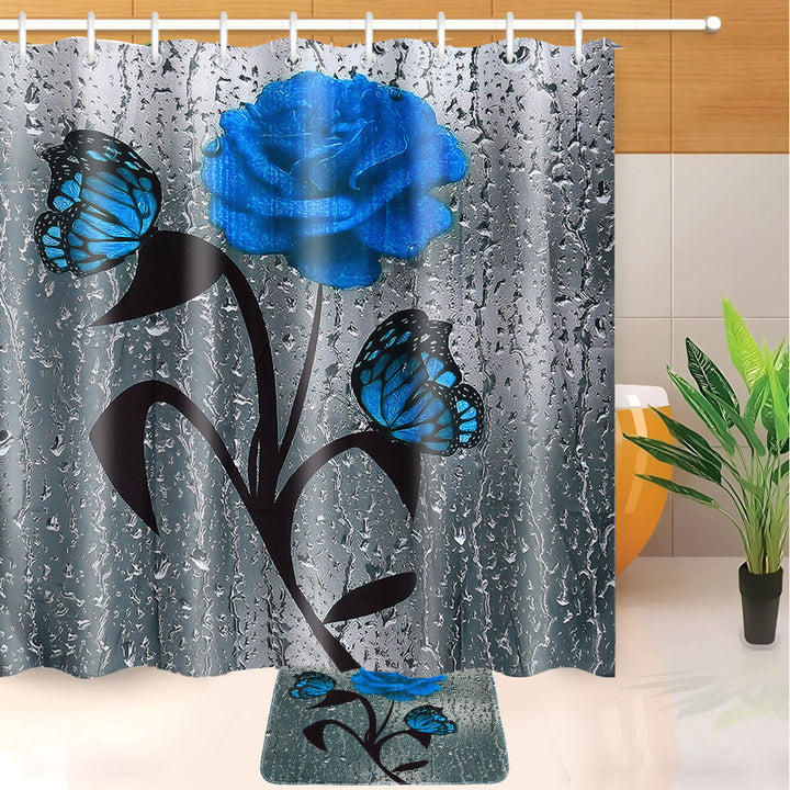 Bathroom Shower Curtain Waterproof Rings Hook Lid Toilet Cover Set 180x180CM Image 4