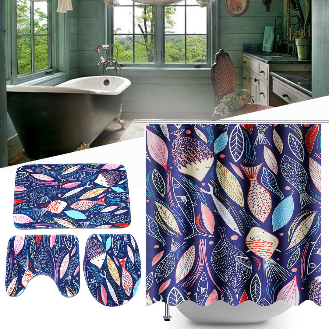 Bathroom Shower Curtains Toilet Cover Mat Non-Slip Rug Set Colorful Image 1